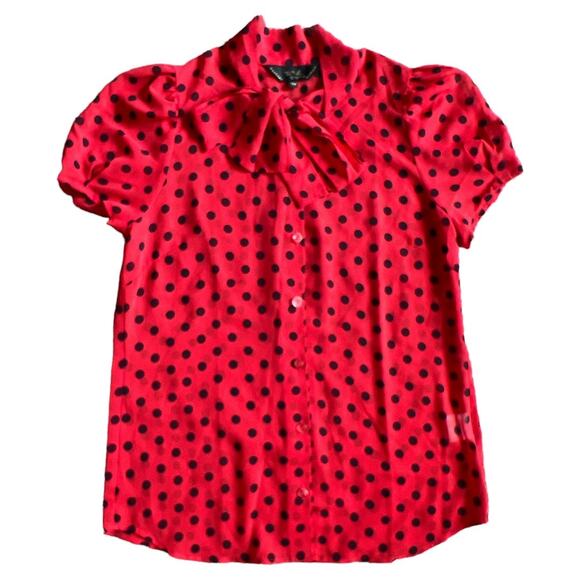 To B by Again B Red Polka Printed Short Sleeve Sheer Top, S - Picture 2 of 5